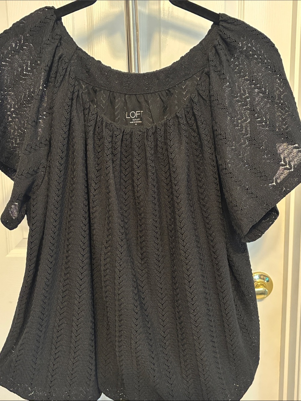 LOFT Outlet Black Lace Knit Flutter Sleeve Bubble Hem Top